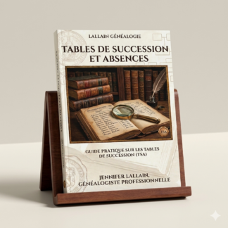 Couverture du livre "Tables de Succession et Absences" de Lallain Généalogie, posé sur un présentoir en bois d'acajou.